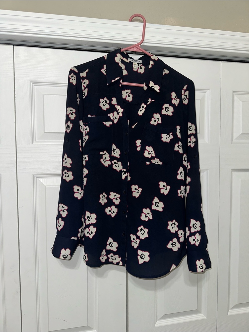 Express Navy Floral Button-Up Blouse with Pink Accents